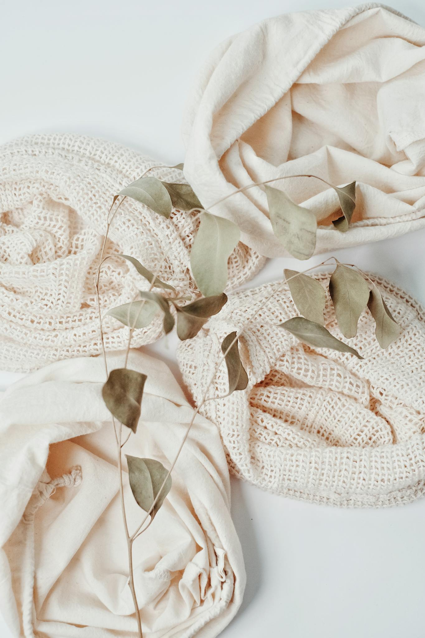 Reusable cotton produce bags with eucalyptus