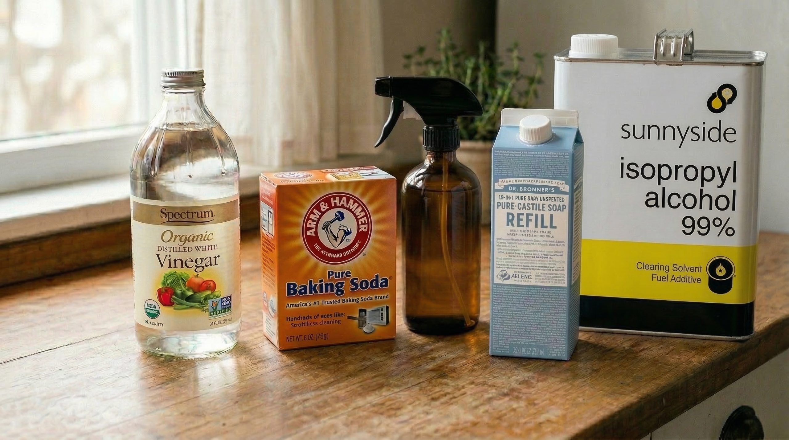 Vinegar, baking soda and refill cleaning supplies on a counter